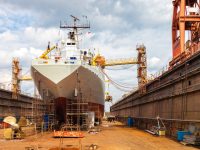 Big ship - rear view with propeller under repair.